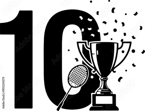 Vector illustration of badminton trophy and racket with confetti