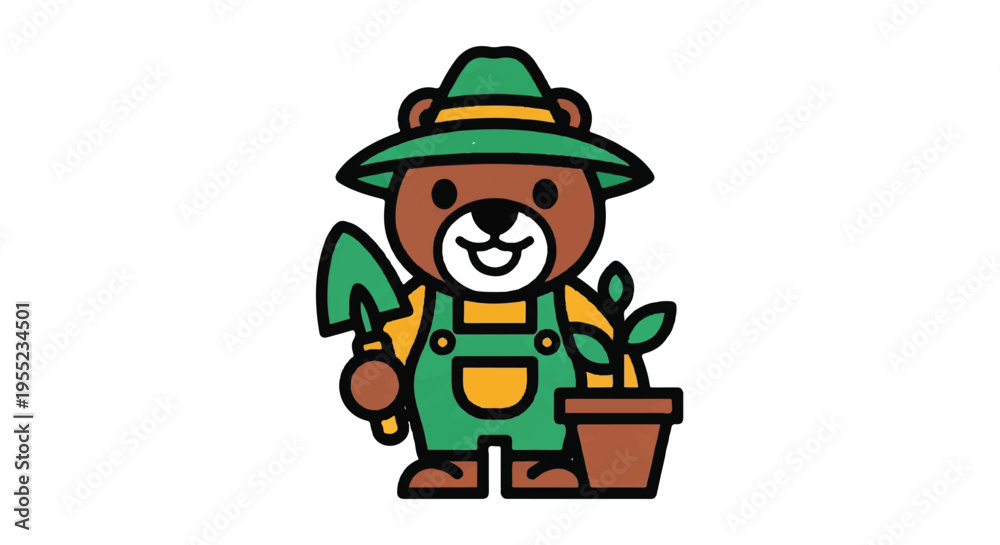 Obraz premium Cartoon bear gardener with tools and plant vector illustration