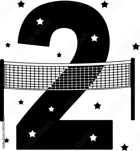 Black vector illustration of volleyball net with stars and number 2