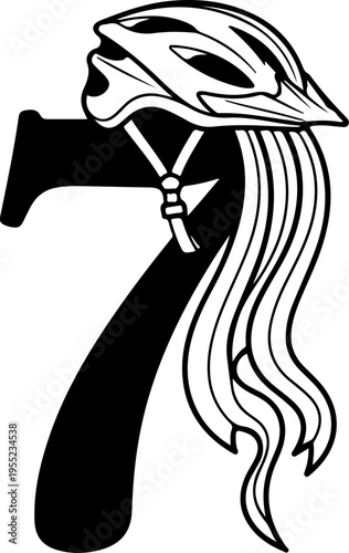 Vector illustration of number 7 with motorcycle helmet and long hair