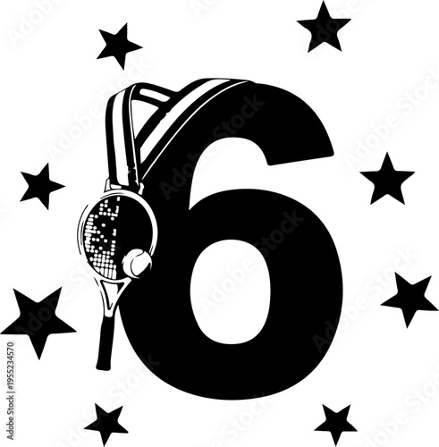 Vector illustration of number 6 with tennis racket and stars