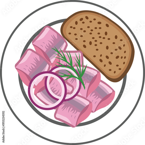 Danish Pickled Herring on Rye Bread With Onion and Dill Scandinavian Smorrebrod
