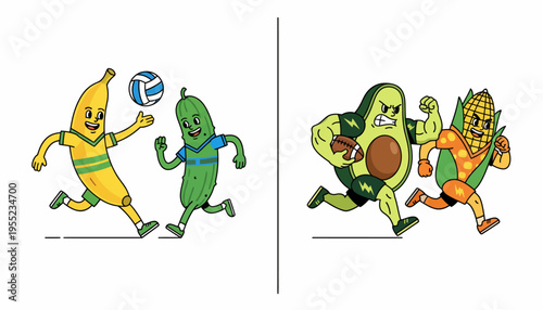 Fruity and Veggie Sports Rivals A Whimsical Soccer Match Between Banana and Cucumber, and an Avocado and Corn Football Game