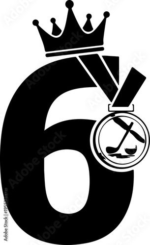 Vector illustration of number 6 with crown and medal