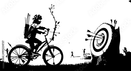 Vector illustration of cyclist with bow and arrow hitting target