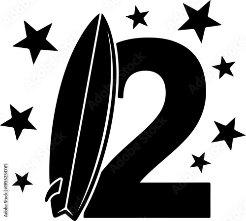 Vector surfboard and number 2 icon with stars