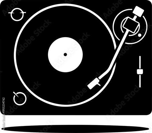 Vector turntable icon, black and white DJ equipment illustration