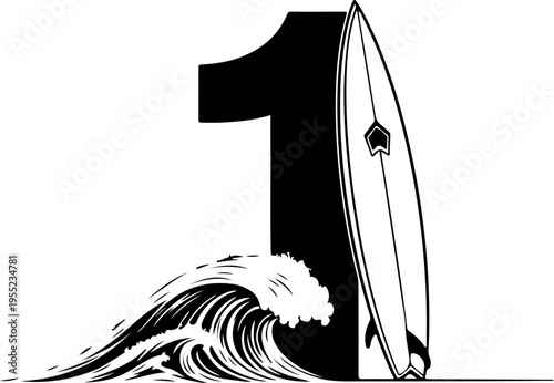 Vector surfboard icon with wave and number 1