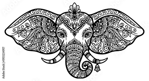 Head of an elephant with decorative design. Isolated on a white background.