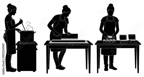 Artisan making soap cutting bars and packaging finished products in silhouette