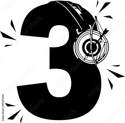 Vector illustration of number 3 with bow and arrow
