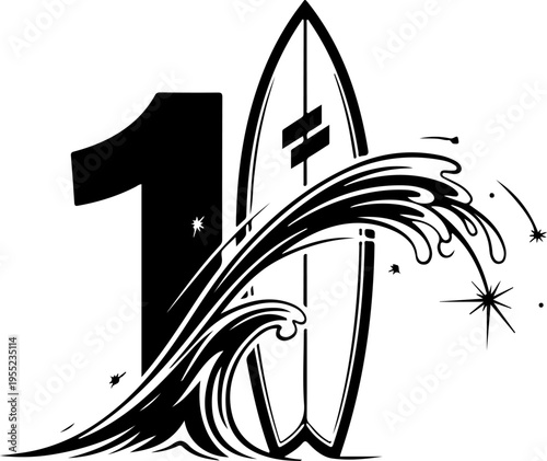 Number 1 surfboard vector icon with wave