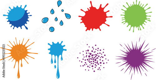 Color Paint Splatter Icon Set Featuring Ink Blots, Drips, Splash Effects, Spray Patterns, and Artistic Stain Shapes in Flat Vector Illustration Style