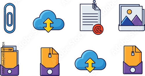 File Management and Cloud Storage Icon Set Featuring Upload Download Cloud, Document Attachment, Email File, Folder Archive, and Digital Data Transfer Symbols in Flat Vector Style