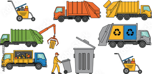 Garbage Collection and Waste Truck Icon Set Featuring Recycling Trucks, Trash Bins, Street Cleaning Cart, and Sanitation Worker Equipment in Flat Vector Style