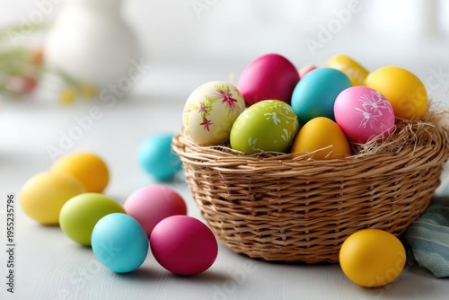 Colorful Easter Eggs in Wicker Basket on White Table
