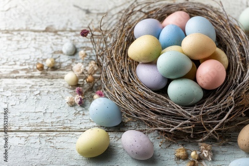 Colorful Easter Eggs in Bird Nest on Wooden Table