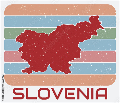 Slovenia vintage logo. Shape of the country on retro colored stripes background. Slovenia map design with grunge scratch texture. Vector illustration.