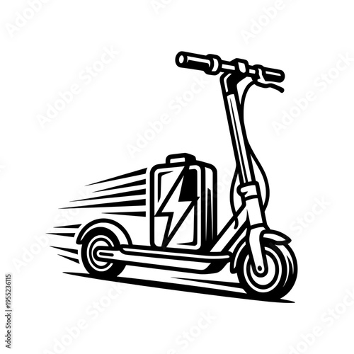 Electric Scooter with Battery Power Icon – Fast Eco-Friendly E-Scooter Transportation and Urban Mobility Minimalist Black and White Vector Illustration