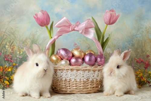 White Rabbits with Easter Eggs in Basket on Floral Background