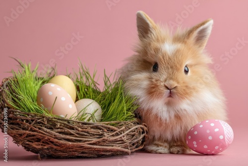 Fluffy Bunny Sitting with Easter Eggs in Nest on Pink Background