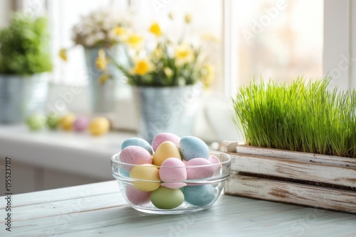Colorful Easter Eggs in Glass Bowl on Table