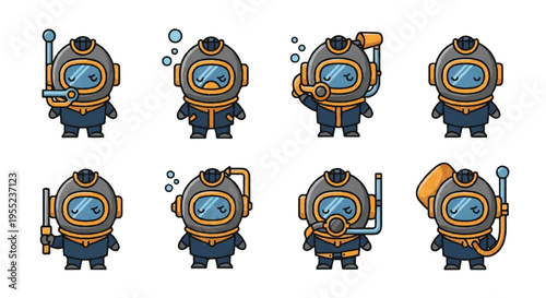 Cartoon divers in various poses and equipment isolated