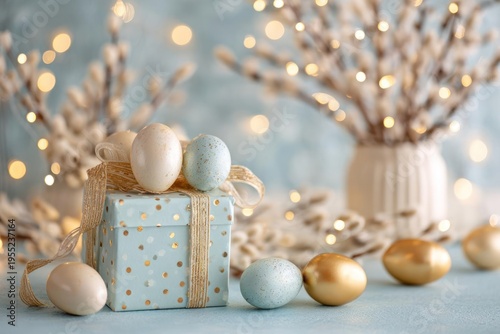 Easter Gift Box with Decorative Eggs on Blue Background with Lights