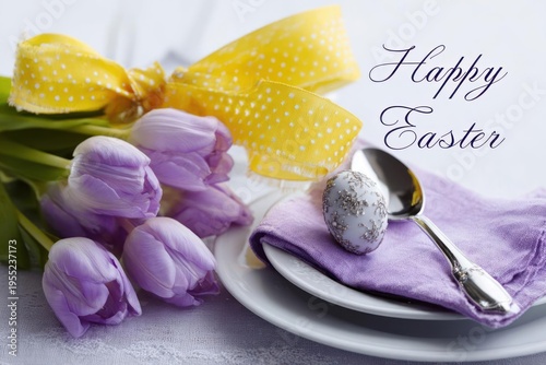 Purple Tulips Yellow Ribbon Easter Egg on Plate