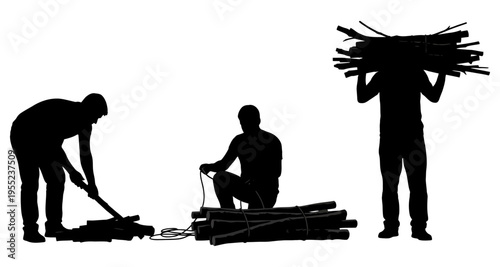 Silhouettes of men chopping and carrying firewood against a white background