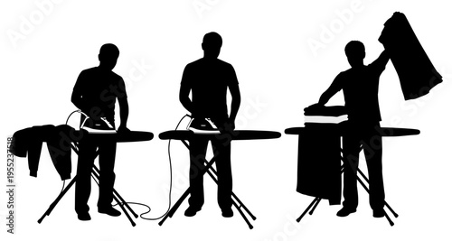Silhouettes of Men Ironing and Folding Clothes on Boards Isolated