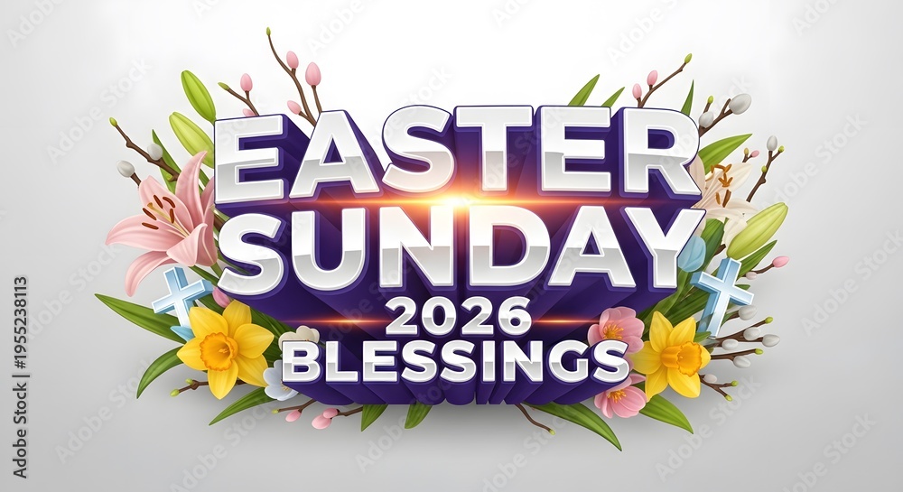 Obraz premium Easter sunday 2026 blessings 3d text with spring flowers and crosses