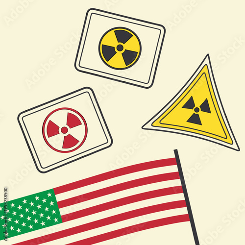 Vector illustration showing nuclear symbols, warning signs, and Iran-USA flags in a tense composition, representing nuclear threat and geopolitical crisis