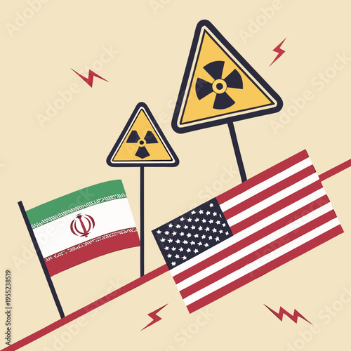 Vector illustration showing nuclear symbols, warning signs, and Iran-USA flags in a tense composition, representing nuclear threat and geopolitical crisis
