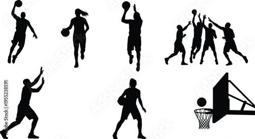 Dynamic basketball player silhouettes showing dribbling, shooting, jumping, scoring, and defense actions with hoop in competitive sports game environment