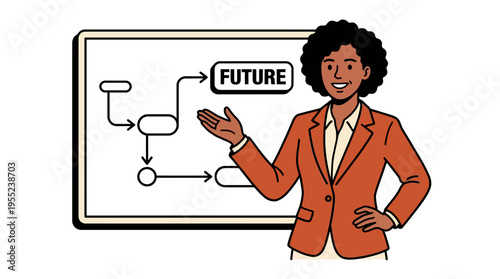 Female Leader Outlines Future Vision and Business Process on Presentation Board