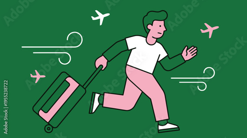Traveler urgently running with suitcase amidst airplanes and wind, depicting the stress of fast-paced air journeys
