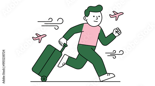 Stylized graphic of a person swiftly heading to catch an airplane for a journey