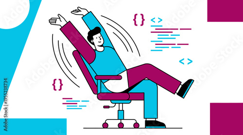Man Relaxing on Office Chair with Coding Symbols and Abstract Shapes