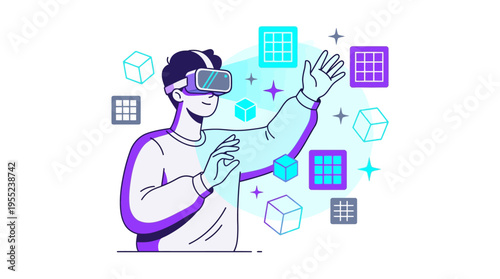 Man wearing VR headset experiencing virtual reality and digital world