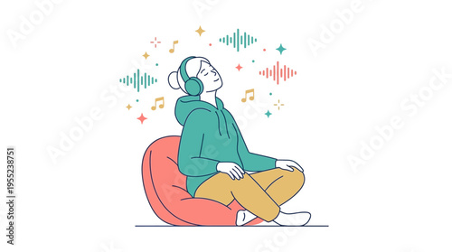 Woman unwinding with immersive audio, experiencing calm and focus