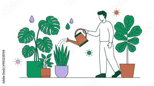 Mindful plant care person waters houseplants, fostering a relaxing indoor garden