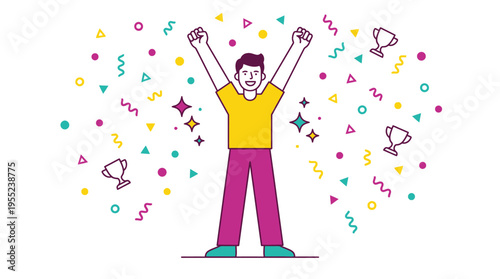 Man celebrating success with confetti and trophies illustration