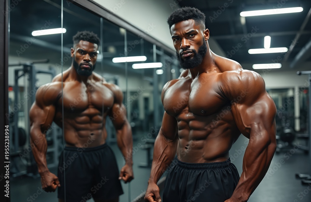 Fototapeta premium Muscular man poses in gym reflecting in mirror. Athletic build shows extreme muscle definition. Fitness center workout, strength training, body sculpting. Determined athlete focused on physique goals.