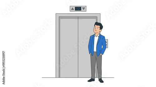 Young man patiently awaits modern elevator in a contemporary building for ascent