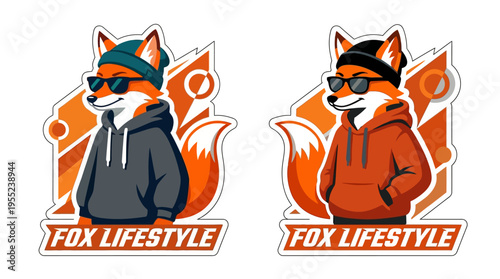 Vibrant illustration of a stylish fox duo, depicted in cool streetwear with beanies and sunglasses, embodying a modern, urban aesthetic suitable for trendy designs and merchandise