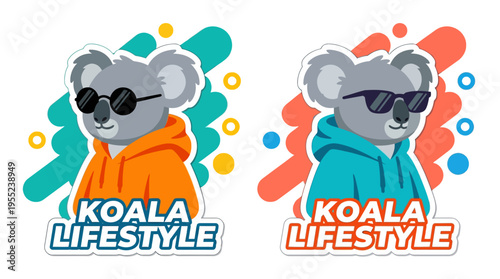 Stylish koala characters in fashionable hoodies and cool sunglasses, embodying a laid-back and trendy lifestyle, set against dynamic, colorful backgrounds