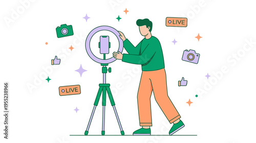 Creative man vlogging with ring light and smartphone for social media content