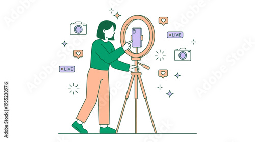 Content creator prepares for live broadcast using smartphone, ring light, and tripod setup