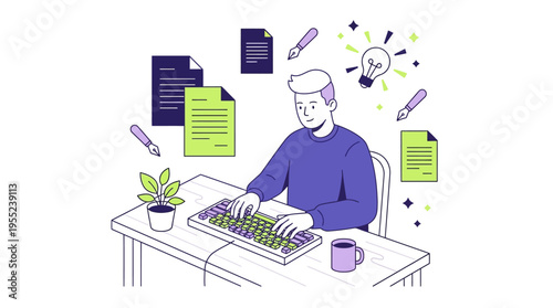 Person typing on keyboard with documents and lightbulb icon